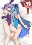  3girls ^_^ absurdres ahoge animal_ears armband bare_shoulders bed_sheet blue_hair blue_leotard bow bowtie breasts cleavage closed_eyes closed_mouth commentary_request commission covered_navel datemegane detached_collar double_v fake_animal_ears feet_out_of_frame flat_chest gloves groin hair_tubes hairband highres kotonoha_akane kotonoha_aoi leotard long_hair medium_hair multiple_girls nervous_smile on_bed open_mouth playboy_bunny purple_eyes purple_gloves purple_hair purple_leotard rabbit_ears rabbit_tail red_eyes sidelocks skeb_commission small_breasts smile sweatdrop tail tattoo twitter_username v voiceroid wrist_cuffs yuzuki_yukari 