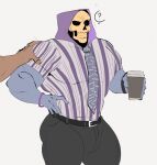 2026 accessory belt black_bottomwear black_clothing black_pants black_sclera blue_body bone bottomwear bulge clothed clothing coffee_cup container cup digital_media_(artwork) hand_on_shoulder holding_coffee_cup holding_container holding_cup holding_object humanoid male masters_of_the_universe masters_of_the_universe_(2026) mattel mostly_offscreen_character muscular muscular_humanoid muscular_male nalnahi1 necktie not_furry pants pattern_clothing pattern_shirt pattern_topwear question_mark red_eyes shirt simple_background skeletor skull skull_head striped_clothing striped_shirt striped_topwear stripes topwear white_background