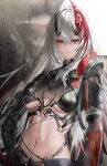  1girl absurdres alpha:_inverse_crown_(pgr) alpha_(pgr) asymmetrical_horns black_horns breasts closed_mouth commentary_request grey_hair hair_between_eyes hair_intakes hand_on_own_hip highres horns long_hair looking_at_viewer mechanical_arms medium_breasts midriff multicolored_hair navel nekotori_(nekotori221) punishing:_gray_raven red_eyes red_horns red_streaks solo streaked_hair underboob upper_body very_long_hair 
