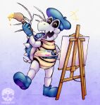 2023 4_fingers absurd_res animated_skeleton anthro arms_bent artist_logo artist_name beret blue_beret blue_clothing blue_footwear blue_headwear blue_shell blue_shoes bone brush canvas clothing colored digital_drawing_(artwork) digital_media_(artwork) dry_bones easel english_description eyes_closed fan_character fangs feeniroir fingers flint_(penbwl) footwear gradient_background happy hat headgear headwear hi_res holding_brush holding_object holding_paint_palette holding_paintbrush light lighting logo male male_anthro mario_bros nintendo on_one_leg open_mouth open_smile paint paint_on_face paint_palette paintbrush shaded shell shoes simple_background skeleton smile solo spiked_shell spikes spikes_(anatomy) standing straight_legs tail teeth text undead white_spikes white_tail