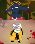 2026 absurd_res annoyed anthro artist_name big_ears black_bodysuit black_clothing black_eyes black_footwear black_nose black_shoes black_skinsuit blood blue_body blue_fur bodily_fluids bodysuit cheek_tuft clothing colored comic cross-popping_vein disney duo ear_piercing english_text eyelashes eyeshadow facial_tuft felid feline female floppy_ears footwear front_view full-length_portrait fur goumang_(nine_sols) halo hi_res holding_object holding_sign humor looking_at_viewer lop_ears makeup male mammal nine_sols piercing portrait pose red_candle_games red_clothing red_eyeshadow red_topwear robe rozenmori shoes sign signature skinsuit solarian talespin tan_body tan_fur text tight_clothing topwear tuft yellow_clothing yellow_robe yi_(nine_sols)