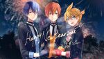  2022 3boys :d aerial_fireworks aoyagi_touya aqua_eyes black_gloves black_jacket blonde_hair blue_hair blue_vest closed_mouth commentary english_commentary fireworks gloves grey_eyes grin guest_art hair_between_eyes happy_new_year highres holding holding_fireworks ixima jacket kagamine_len lapels looking_at_viewer multicolored_hair multiple_boys notched_lapels open_clothes open_jacket orange_hair project_sekai second-party_source shinonome_akito shirt smile sparkler spiked_hair split-color_hair streaked_hair teeth vest vocaloid white_shirt yellow_vest 