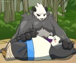 2018 3_toes 5_fingers 6:5 anthro arthropod asian_clothing bamboo bamboo_forest bamboo_stick bandage bandaged_foot bangs bear belly big_belly black_body black_cape black_claws black_clothing black_eyebrows black_eyes black_feet black_nose blue_clothing blue_mawashi blush bodily_fluids bottomwear cape claws clothed clothing crying_laughing deep_navel dreamworks duo ears_up east_asian_clothing evil_face evil_grin eyebrows fat_belly feet felid fight fighting_back fighting_pose fighting_ring fingers forest forest_background fur generation_6_pokemon giant_panda goronda hair happy hi_res hisashino humanoid irritated_navel irritation japanese_clothing kemono kung_fu_panda laugh laughing_at_another leaf leaf_on_mouth long_story love lying male male/male mammal master_po_ping mawashi nature nature_background navel navel_fetish navel_fingering navel_focus navel_poke nintendo obese obese_anthro obese_humanoid obese_male on_back overweight overweight_anthro overweight_humanoid overweight_male pangoro pattern_background plant pokemon pokemon_(species) pose purple_clothing purple_mawashi restricted revenge rivalry rivals shrub simple_background size_difference sky smile smiling_at_another story story_in_description sumo sumo_pose sumo_ring sumo_wrestler sumo_wrestling sweat sweaty_body sweaty_face tears teeth teeth_showing through toes topless touching_hair touching_hand touching_hands toying_each_other tree white_belly white_body white_eyes white_fur white_hair white_navel wrestling