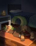 absurd_res anthro anus backsack balls bashful bed bedroom bodily_fluids bodjiart bovid_horn brown_body brown_fur caprine_horn curling_toes elemental_creature erection feet flora_fauna fur furniture furred_kobold furred_scalie genital_fluids genitals grass_hair hi_res horn hybrid kalei_(hydro19) kobold lamp leaf leaf_tail leg_shackles looking_at_viewer male pink_anus plant precum presenting presenting_anus ram_horn restrained_legs rug scalie solo tail