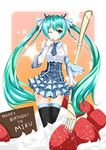  aqua_eyes aqua_hair black_legwear cake chocolate detached_sleeves fatkewell finger_to_mouth food foreshortening fruit hair_ribbon hatsune_miku highres long_hair necktie one_eye_closed oversized_object plaid ribbon skirt solo star strawberry thighhighs very_long_hair vocaloid whipped_cream 