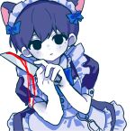  1boy alternate_costume animal_ears apron bare_arms black_dress black_eyes black_hair blood blood_on_knife blue_bow blue_bowtie bow bowtie buttons cat_boy cat_ears chain child closed_mouth colored_skin commentary_request crossdressing crossdressing_(mtf) double-parted_bangs dress empty_eyes expressionless extra_ears frilled_apron frilled_dress frills from_above frown hair_between_eyes hands_up headdress highres holding holding_knife kemonomimi_mode kitchen_knife knife looking_at_viewer maid_apron maid_headdress male_focus no_pupils omori omori_(omori) puffy_short_sleeves puffy_sleeves short_dress short_hair short_sleeves simple_background sleeve_cuffs solo tareme tokkooyaku two-handed upper_body very_short_hair white_apron white_background white_headdress white_skin 