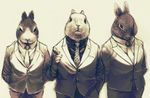  cigar group lagomorph looking_at_viewer mammal monochrome necktie plain_background rabbit simple_background standing suit unknown_artist 