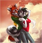  anthro black_nose blue_eyes breasts canine couple feline female fox glasses hug looking_at_each_other love male romantic scarf silverdeni snow_leopard tail 