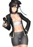  1girl alternate_costume bike_shorts black_eyes black_hair breasts cameltoe collar collarbone fingerless_gloves gloves hand_on_hip highres hips jacket kansuke navel nipples open_clothes open_jacket peaked_hat sarashi shin_sangoku_musou short_hair solo xing_cai 