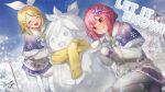  2girls :q ^_^ blue_capelet blue_skirt bow bow_hairband capelet character_snowman closed_eyes commentary english_commentary english_text fur-trimmed_capelet fur_trim guest_art hair_bow hair_ornament hairband hairclip headset highres kagamine_len kagamine_rin mittens multiple_girls official_art ootori_emu pantyhose parallel_hairclips pink_eyes pink_hair pleated_skirt project_sekai purple_bow scarf second-party_source signature skirt snow snowman spiked_hair tetta_(tettaakira) tongue tongue_out vocaloid white_bow white_mittens white_pantyhose winter yellow_scarf 