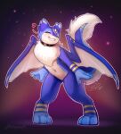 3_fingers 3_toes anthro bedroom_eyes belly biped blue_arms blue_body blue_fur blue_markings blush bodily_fluids bottomless choker clothed clothing collar countershade_torso countershading digitigrade dragon english_text feet fingers fluffy fluffy_tail front_view fur furred_dragon furred_scalie furry_tail gloves_(marking) head_markings heart_symbol hi_res horn jewelry leaning leaning_backward leg_markings looking_at_viewer male markings membrane_(anatomy) membranous_wings midriff mika_(mikapoofs) mikapoofs motion_lines multi_ear multicolored_body multicolored_fur mythological_creature mythological_scalie mythology narrowed_eyes navel neck_tuft necklace nude pawpads paws pinup pointy_ears pose scalie seductive simple_background slim smile socks_(marking) solo standing striped_markings stripes symbol tail tail_fluff tail_tuft tapering_tail teeth text thick_tail toes topless tuft two_tone_body two_tone_fur two_tone_tail two_tone_wings white_belly white_body white_fur white_horn wide_hips wings yellow_eyes yellow_markings yellow_pawpads yellow_stripes