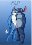 alien alien_humanoid ball birthday black_nose blue_background blue_body blue_eyes blue_fur blue_hair canid canine canis ciel-wolf disney duo experiment_(lilo_and_stitch) fur genitals hair humanoid lilo_and_stitch male male/male mammal mascot mascot_costume penis pink_penis simple_background stitch_(lilo_and_stitch) tail white_body wolf