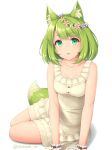  1girl animal_ear_fluff animal_ears bangs beige_dress breasts collarbone dress eyebrows_visible_through_hair flower fox_ears fox_tail green_eyes green_hair hair_flower hair_ornament looking_at_viewer original parted_lips sasaame shiny shiny_skin short_hair simple_background sitting sleeveless sleeveless_dress small_breasts smile solo tail twitter_username white_background yokozuwari 