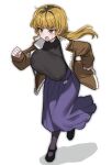  1girl absurdres black_shoes black_sweater blonde_hair bomber_jacket bouncing_breasts breasts brown_eyes brown_jacket brown_pantyhose clenched_hand commentary english_commentary fear_&amp;_hunger_(series) fear_&amp;_hunger_2:_termina full_body highres jacket karin_(fear_&amp;_hunger) large_breasts long_hair long_sleeves mary_janes neugneugsusu open_clothes open_jacket open_mouth pantyhose ponytail purple_skirt running shoes simple_background skirt small_sweatdrop solo sweater white_background 