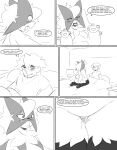 absurd_res anthro bed bedroom blush bodily_fluids breasts clothing comic dialogue duo english_text facial_hair facial_scar female female_anthro furniture generation_9_pokemon genital_fluids hi_res human looking_at_another looking_at_partner looking_down male mammal meowscarada monochrome nervous nintendo pokemon pokemon_(species) scar shirt spicykiwi story sweat text thick_thighs thighs_together thomas_(spicykiwi) topwear tulip_(spicykiwi) vaginal_fluids