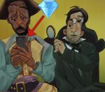  2boys absurdres aqua_shirt archibald_leland_sutter arrow_(symbol) backrooms_(2026_film) backrooms_(creepypasta) birboo black_eyes black_necktie brown_hair collared_shirt english_commentary facial_hair gem_alert_magnifying_glass_(meme) glasses goatee highres holding holding_magnifying_glass holding_phone looking_down magnifying_glass male_focus meme multiple_boys necktie phone pirate_clark shirt sitting still_life_(backrooms) vest white_shirt yellow_vest 
