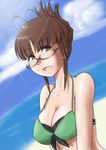  absurdres akizuki_ritsuko antenna_hair bare_shoulders beach bikini breasts brown_eyes brown_hair cleavage collarbone day folded_ponytail front-tie_top glasses highres idolmaster idolmaster_(classic) large_breasts lunos open_mouth outdoors shadow solo strap_gap swimsuit water 