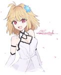  1girl absurdres antenna_hair arcueid_brunestud arcueid_brunestud_(clad_in_glacier) bare_shoulders black_ribbon blonde_hair blue_flower breasts cleavage commentary dress elbow_gloves falling_petals flower gloves hair_flower hair_intakes hair_ornament highres kevin3rd looking_at_viewer official_alternate_costume open_mouth petals pink_petals red_eyes ribbon short_hair simple_background single_hair_intake smile solo teeth tsukihime tsukihime_(remake) untranslatable_commentary upper_body upper_teeth_only white_background white_dress white_gloves 