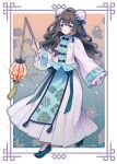  1girl alternate_costume blue_background blue_eyes blue_shoes border brown_hair bun_cover chinese_clothes closed_mouth commentary_request double_bun flats full_body gradient_background hair_bun highres holding holding_lantern jacket kmy-3_(kumayu) lantern long_hair long_skirt looking_at_viewer marcus_(reverse:1999) outside_border paper_lantern pink_background reverse:1999 shoes skirt smile solo very_long_hair walking white_border white_jacket white_skirt 