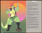 absurd_res anthro big_butt boots bracelet breasts butt clothed clothing crocodile crocodilian crossgender curvy_figure english_text eyewear facial_markings female five_nights_at_freddy's five_nights_at_freddy's:_security_breach flat_colors footwear glasses gloves hair handwear head_markings hi_res jewelry lipstick makeup markings mohawk montgomery_gator montity_(photolol.03) muscular muscular_anthro muscular_female nails photolol.03 red_eyes red_hair reptile scalie scottgames shoes short shoulder_pads simple_background small_breasts solo steel_wool_studios text thick_thighs topless wide_hips