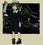  1girl bags_under_eyes black_boots black_dress bob_cut boots cleaver collared_dress commentary dress full_body futaba_channel green_hair holding holding_cleaver io_(onisarashi) iya_maid_(nijiura_maids) maid maid_headdress nijiura_maids pale_skin raised_inner_eyebrows smile solo 