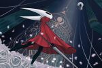 2026 2_horns 3:2 ambiguous_gender arthropod battle biped black_body black_eyes cloak clothed clothing duo empty_eyes flower hi_res holding_melee_weapon holding_object holding_weapon hollow_knight:_silksong hollow_knight_(franchise) horn hornet_(hollow_knight) lace_(hollow_knight:_silksong) looking_at_another lunurday melee_weapon plant red_cloak red_clothing standing team_cherry thread weapon white_body white_eyes white_flower