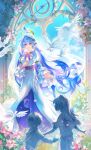  1girl absurdres alternate_costume aqua_eyes bird blue_hair blue_sky breasts cleavage cloud commentary dandan_27 dress english_commentary falling_petals floating_hair flower full_body gradient_wings hair_between_eyes halo hand_on_own_chest head_wings highres honkai:_star_rail honkai_(series) jewel_under_eye long_dress long_hair long_sleeves looking_at_viewer lower_teeth_only medium_breasts multicolored_wings neckerchief open_mouth petals pink_petals purple_neckerchief purple_wings robin_(honkai:_star_rail) see-through_clothes see-through_veil sky solo statue sunlight teeth veil very_long_hair white_bird white_dress white_wings wings 