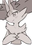 2026 3_fingers anthro arm_tuft biped blush blush_lines braixen breasts canid cheek_tuft chest_tuft colored colored_sketch digital_drawing_(artwork) digital_media_(artwork) eyelashes facial_tuft featureless_breasts female female_anthro fingers flat_colors fluffy front_view fur generation_6_pokemon half-length_portrait inner_ear_fluff mammal markings monochrome multicolored_body multicolored_fur neck_tuft nintendo nude nude_anthro nude_female pointy_ears pokemon pokemon_(species) portrait prick_ears shoulder_tuft simple_background sketch smile snout solo standing tapering_snout tuft white_background white_body white_fur white_hands white_sclera yakiniku628