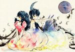  ahoge back-to-back bad_id bad_pixiv_id ballerina ballet_slippers bare_shoulders black_hair choker dress dual_persona flower ichihana_mitsu_(asteroid) multiple_girls princess_kraehe princess_tutu rue_(princess_tutu) shoe_ribbon sitting traditional_media watercolor_(medium) 