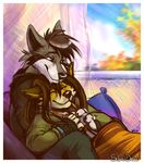  blanket brown_hair canine couple curtains eyes_closed female fox hair hug male pillow romantic silverdeni smile window wolf 
