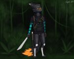 5:4 ammunition anthro arm_warmers armwear artist_name backpack bag bandage bandaged_arm bandaged_leg bandolier black_body black_claws black_clothing black_fur black_hoodie black_nose black_topwear canid canine casualties:_unknown claws clothing detailed_background digital_drawing_(artwork) digital_media_(artwork) dipstick_ears ear_markings ekspie-a01 expie_(gunsawian) facial_scar fox full-length_portrait fur glowing glowing_eyes glowing_pawpads glowing_tail_tip grass gun gunsawian hi_res holding_machete holding_melee_weapon holding_object holding_weapon hoodie hybrid knee_pads liana_(plant) looking_at_viewer machete male mammal markings melee_weapon multicolored_ears murid murine orange_sclera pawpads plant portrait ranged_weapon rat rodent scar shotgun signature solo text topwear torn_clothing weapon white_ear_tips