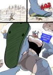 2024 3_panel_comic absurd_res angry anthro beard belly_hair big_muscles big_pecs black_clothing black_shirt black_singlet black_tank_top black_topwear blue_body blue_fur body_hair bottomwear bruno_(dudenahuel) building canid canine carrying_another chest_hair city clothing comic crotch_tuft dudenahuel ear_piercing english_text facial_hair facial_piercing first_person_view footwear fur green_clothing green_footwear green_sandals grey_bottomwear grey_clothing grey_shorts group growth hair hairy_legs hairy_pecs hi_res holding_another huge_pecs komodo_dragon leg_hair lizard low-angle_view macro mammal maned_wolf mephitid monitor_lizard multicolored_body multicolored_fur multiple_ear_piercings multiple_scenes muscular musical_note musical_symbol nahuel_(dudenahuel) navel nose_piercing pecs piercing pink_nose rampage reptile sandals scalie sharp_teeth shirt shoes shorts skunk spiral spiral_eyes stomping symbol tank_top teeth text topwear trio tuft whistling white_armpit_hair white_beard white_body white_facial_hair white_fur white_hair worried yelling yellow_body yellow_fur