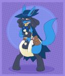 2022 3_fingers 3_toes ambiguous_gender anthro arm_grab belt_pouch bib black_body black_fur black_inner_ear black_pseudo_hair blue_bib blue_body blue_cape blue_clothing blue_ears blue_fur blue_hat blue_headwear blue_neckwear blue_tail blush blush_lines bodily_fluids border bubblepuppers cape clean_diaper clothed clothing costume_party_style_lucario crying diaper distressed dotted_background feet fingers folded_diaper full-length_portrait fur generation_4_pokemon genital_fluids gloves_(marking) hand_on_diaper hat headgear headwear hi_res holowear_(pokemon) leg_markings lucario markings medal multicolored_body multicolored_fur nintendo open_mouth pattern_background pink_diaper pokemon pokemon_(species) pokemon_unite portrait pseudo_hair purple_background purple_border simple_background snaggle_tooth socks_(marking) solo standing tail tears three-quarter_view toes touching_diaper unclean_diaper urine used_diaper wearing_diaper wet_diaper white_diaper yellow_body yellow_fur