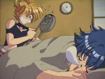  1990s_(style) 2boys above-cleavage_cutout annoyed banging black_eyes black_shirt blanket blonde_hair blue_hair clock clothing_cutout commentary_request fake_screenshot film_grain flying_sweatdrops frying_pan hair_over_one_eye hikusa holding holding_frying_pan holding_spatula indoors kagamine_len kaito_(vocaloid) kaitou_heaven's_knights_(vocaloid) looking_at_another male_focus multiple_boys nose_bubble one_eye_covered open_mouth pillow retro_artstyle shirt short_hair shoulder_cutout sleeping smile spatula under_covers v-shaped_eyebrows vocaloid 