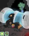 anthro arcticolthetwinfox box bucket_of_chicken casualties:_unknown chicken_meat container crate expie_(gunsawian) food fried_chicken glowing glowing_eyes gunsawian happy hi_res hungry jollibee male meat solo