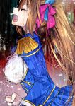  1girl absurdres aiguillette blue_jacket bow breasts brown_hair center_frills closed_eyes commentary_request crying daiwa_scarlet_(peak_blue)_(umamusume) daiwa_scarlet_(umamusume) epaulettes fang frills highres horse_girl jacket juliet_sleeves large_breasts layered_skirt long_hair long_sleeves open_mouth outdoors puffy_sleeves rain shirt skirt solo tears teeth twintails umamusume very_long_hair wet wet_clothes white_shirt you_chi27 