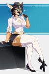 anthro biped black_clothing black_hair black_panties black_underwear bottomwear breasts brown_body clothed clothing clothing_around_one_leg crossed_legs deer female hair hat headgear headwear hi_res legwear mammal miniskirt multicolored_body panties panties_around_one_leg panties_down partially_clothed shirt sitting skirt solo sweet_chubbs thick_thighs thigh_highs topwear underwear underwear_around_one_leg underwear_down white_clothing