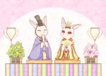 2020 ambiguous_anthro ambiguous_gender anthro asian_clothing biped clothed clothed_ambiguous clothed_anthro clothing crown digital_media_(artwork) duo east_asian_clothing eyes_closed flower folding_fan hand_fan headgear headwear hi_res hinako_(pixiv12374743) hinamatsuri holding_object inner_ear_fluff japanese_clothing japanese_description kanmuri_(headwear) kimono kneeling lagomorph leporid long_ears mammal pastel_theme pattern_clothing plant rabbit red_sclera seiza simple_background sitting tuft white_body