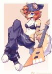 absurd_res anthro armwear bass_guitar blue_eyes bottomwear bra canid canine clothing falseconstruct female fishnet_armwear fishnet_clothing fox fur guitar hair hi_res looking_at_viewer mammal midriff multicolored_body multicolored_fur musical_instrument orange_body orange_fur orange_hair oversized_bottomwear oversized_clothing oversized_pants pants plucked_string_instrument solo string_instrument thong_straps underwear white_body white_fur