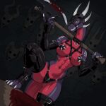 1:1 4_toes activision anthro armwear axe battle_axe biped blood bodily_fluids bone chopping_block claws clothing collar cynder dragon dried_blood evil_face evil_grin executioner feet female harness harness_only hi_res latex latex_armwear latex_clothing latex_legwear latex_stockings legwear looking_at_viewer looking_down looking_down_at_viewer mythological_creature mythological_scalie mythology scalie skull smile solo spread_legs spreading spyro_the_dragon stockings toe_claws toes zavni