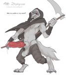 2026 abs animal_genitalia animal_penis anthro arm_wrapping arm_wraps athletic athletic_anthro athletic_male balls big_penis biped black_cloak black_clothing black_hood bodily_fluids bottomwear bottomwear_down canid canine canine_genitalia canine_penis canis claws cloak clothed clothing death_(puss_in_boots) dialogue digital_media_(artwork) digitigrade dreamworks dripping english_text erection facial_markings fangs fluffy fluffy_tail fur fuzzy genital_fluids genitals grey_body grey_fur grin half-erect head_markings holding_melee_weapon holding_object holding_polearm holding_scythe holding_weapon hood hood_up hooded_cloak huge_penis knot knot_root looking_at_viewer male mammal markings mask_(marking) melee_weapon open_bottomwear open_clothing open_pants pants pants_down partially_clothed paws penis polearm poncho pose precum precum_drip precum_string puss_in_boots_(franchise) question red_eyes red_penis scythe sheath simple_background smile smiling_at_viewer solo standing tail talking_to_viewer teeth text toe_claws watermark weapon white_background wolf wrapped_arms wraps zephyxus