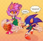 absurd_res anthro ball basketball basketball_(ball) basketball_uniform blaze_the_cat blush clothing cosplay crossover crossover_cosplay dialogue domestic_cat duo english_text eulipotyphlan felid feline felis female footwear goat_(movie) hair hedgehog hero hi_res high_heels jett_fillmore male male/female mammal plaguedogs123 ponytail princess royalty sega shoes smile sonic_the_hedgehog sonic_the_hedgehog_(series) speech_bubble sportswear text uniform will_harris