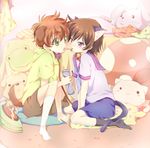  2boys animal_ears black_hair brown_hair cat_ears cat_tail collar dog_ears footwear green_eyes kururugi_suzaku leash lelouch_lamperouge male multiple_boys pocky pocky_kiss purple_eyes shared_food short_hair sitting socks stuffed_animal stuffed_toy tail 