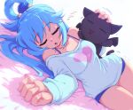  1girl absurdres aqua_(konosuba) blue_hair bra_strap breasts cat chomusuke commentary cowboy_shot dutch_angle hair_ornament hair_rings heart heart_print hehevich highres kono_subarashii_sekai_ni_shukufuku_wo! lying medium_breasts narrow_waist off-shoulder_shirt off_shoulder on_side shirt short_sleeves single_hair_ring sleeping sphere_hair_ornament thigh_gap white_shirt zzz 