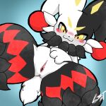 1:1 :3 absurd_res anthro anus artist_name black_body blush dupin_(pal) facial_tuft female fur genitals hi_res jester l3st lagomorph looking_at_viewer mammal markings multicolored_body nude pal_(species) palworld pocketpair presenting presenting_vulva red_markings signature simple_background smile solo spread_legs spreading tail text tuft vulva white_body white_fur yellow_eyes yellow_markings