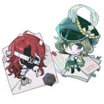  1boy 1girl aleph_(reverse:1999) beishang_ronghua_bingqilin black_boots black_mask black_shorts black_vest book boots brown_hair cape chibi chinese_commentary commentary_request dice envelope facing_viewer full_body green_cape green_eyes green_hat hat hat_feather highres holding holding_paper holding_quill long_hair looking_at_viewer mask mole mole_under_eye newsboy_cap open_book pantyhose paper polyhedral_dice quill recoleta_(reverse:1999) red_hair reverse:1999 shirt short_hair shorts smile vest white_background white_pantyhose white_shirt 
