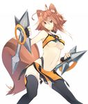  animal_ears antenna_hair bad_id bad_pixiv_id blazblue breasts brown_eyes brown_hair dual_wielding fighting_stance fingerless_gloves gloves holding makoto_nanaya medium_breasts navel orange_skirt revealing_clothes shin_(anbqqcb) skirt solo squirrel_ears squirrel_tail tail thighhighs tonfa underboob weapon 