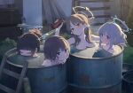  4girls barrel black_hair blue_archive blurry blurry_background blush breasts brown_hair collarbone drum_bath explosive game_asset grenade halo highres in_container long_hair looking_at_viewer medium_breasts miyako_(blue_archive) miyu_(blue_archive) moe_(blue_archive) multiple_girls nude official_art open_mouth plank rabbit_platoon_(blue_archive) saki_(blue_archive) same-sex_bathing shared_bathing short_hair steam water wet 