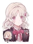  1girl black_jacket black_skirt blonde_hair blush bow bowtie chibi chibi_inset commentary_request cropped_torso diabolik_lovers flower hair_flower hair_ornament hano_luno highres jacket komori_yui light_smile looking_at_viewer outline pink_bow pink_bowtie pink_eyes shirt short_hair simple_background skirt smile twitter_username wavy_hair white_background white_shirt 
