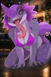 2:3 anthro bikini breasts capcom chameleos clothing elder_dragon female hi_res horn monster_hunter mythological_creature mythological_scalie mythology purple_body scales scalie smile swimwear tongue tongue_out two-piece_swimsuit wonderin_dragon